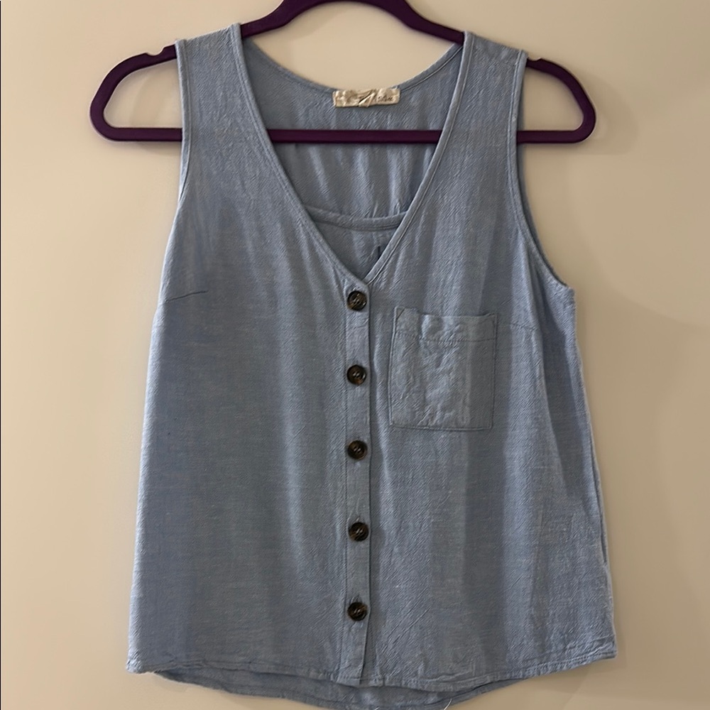 Women's Blue Button-Down Linen Tank Top